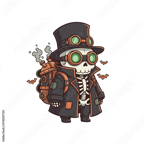 Cartoon skeleton in steampunk outfit with a tall hat, goggles, gears, and a mechanical backpack, blending gothic and fantasy style with adorable design.