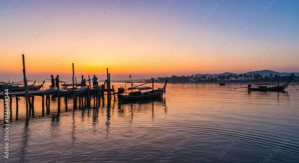 Fototapeta premium Serene Sunrise Over Fishing Boats and Wooden Pier Reflections