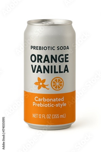 Closeup of Fake Prebiotic Soda Can Isolated on Blank White No Background Orange Vanilla