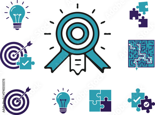 Set of solution icons. Vector illustrations of strategy, problem-solving, and challenge symbols..