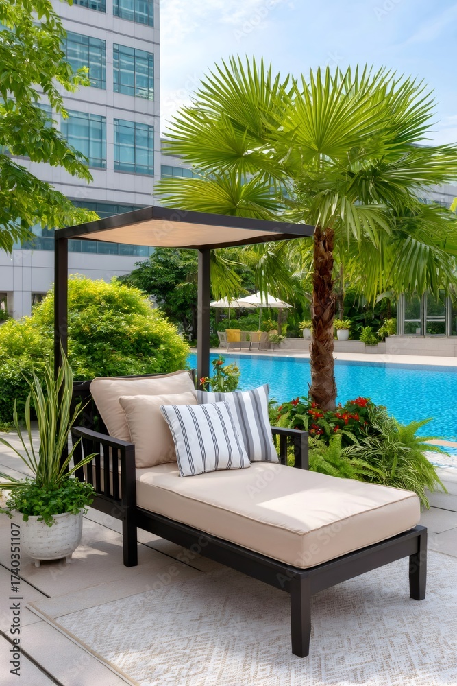 Fototapeta premium Relaxing poolside lounge chair on an urban rooftop patio