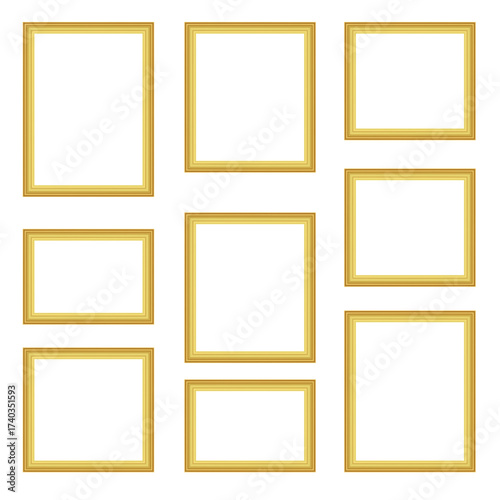 Large Collection of 9 Isolated Classic Golden Frames, Gallery Wall Mockup