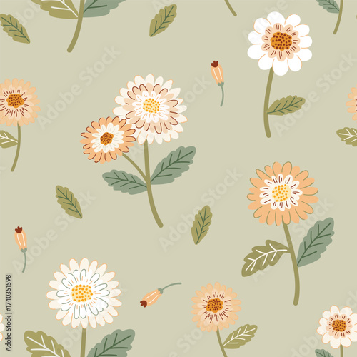 Seamless vector floral pattern with delicate pastel chamomile flowers, suitable for background, fabric or packaging design.