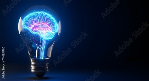 Vibrant neon-rendered brain in a glowing light bulb, embodying technological progress, inspiration, and knowledge.