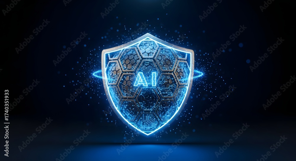 Fototapeta premium Digital innovation meets cyber security: a sleek shield pulsating with blue light and showcasing AI elements.