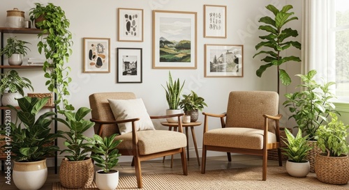 Cozy interior scene showcases natural light with green plants filling the space, framed artwork on the wall, two armchairs arranged for relaxation, creating a welcoming and serene atmosphere,...