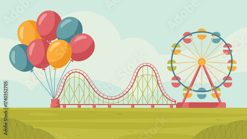 Amusement park with roller coaster Ferris wheel and balloons in flat design style theme park