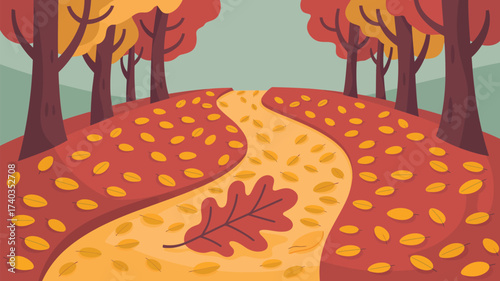 Autumn Forest Path Covered in Red and Yellow Leaves with a Large Oak Leaf fall road