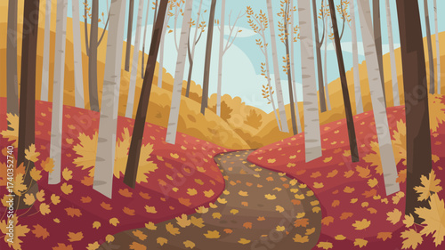 Birch Forest Path in Autumn with Red and Yellow Leaves fall road
