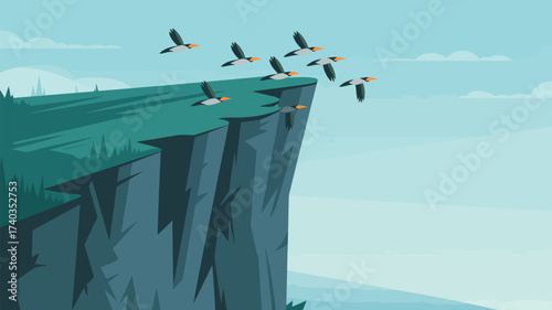 Birds Taking Flight from a Jagged Cliff Edge Under a Cloudy Sky Keywords: birds, flying, flock, cliff, edge, jagged, rock, formation, sky, clouds, light blue, teal, nature, wildlife, avian, flight