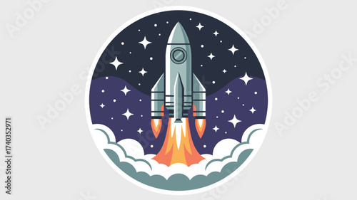 Circular graphic of a rocket launching with fiery exhaust against a starry night sky spaceship space