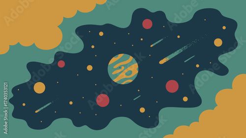 Dark Space Scene with Planets, Meteors, and Clouds galaxy cosmos