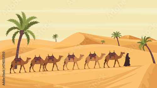 Desert Camel Train with a Person in Traditional Robes Crossing Sand Dunes camels dromedary
