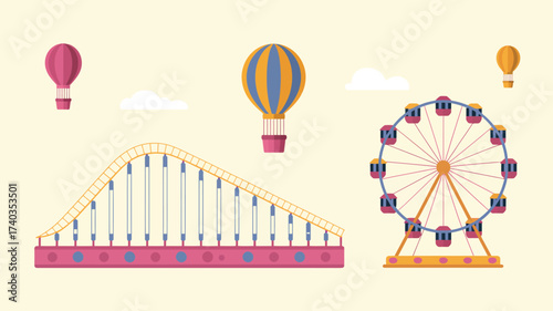 Flat Design Amusement Park Elements with Hot Air Balloons fairground carnival