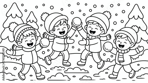 Four happy children playing in the snow with snowballs and winter trees kids