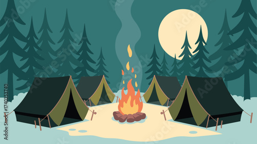 Group Camping In A Dark Forest With Tents And A Central Campfire winter night