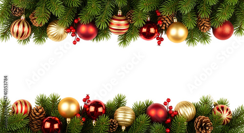 Christmas frame with ornaments, pine branches, and berries isolated on transparent background, creating a festive and decorative border for holiday season