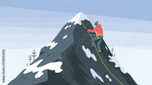 Lone Climber Ascends Snowy Mountain Peak in Winter Landscape Illustration climbing