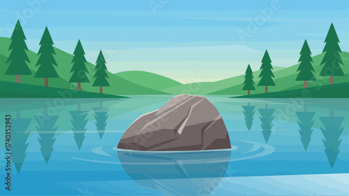 Lone Rock in a Calm Lake Surrounded by Pine Trees and Gentle Hills nature boulder