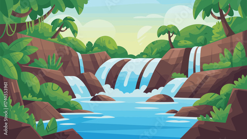 Lush jungle waterfall cascading into a clear blue pool surrounded by tropical foliage and rocks Keywords: waterfall, jungle, nature, tropical, cascade, water, stream, river, pool, rocks, stones