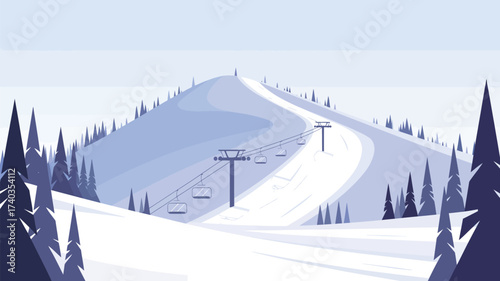 Minimalist winter mountain landscape with a ski slope and chairlift snow ski lift