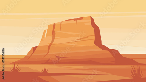 Monochromatic Desert Landscape With Large Rock Formation And Sparse Vegetation Keywords: desert, landscape, rock, formation, sandstone, arid, dry, geology, erosion, wilderness, outdoor, scenic