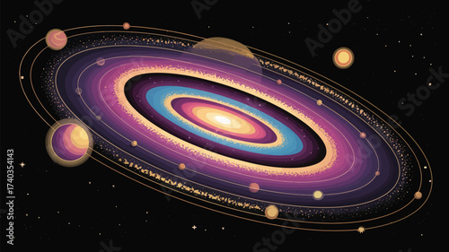 Multi-colored Spiral Galaxy with Numerous Planets and Rings space nebula