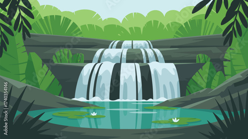 Multi-tiered waterfall in a dense green jungle with a tranquil pond and lily pads Keywords: waterfall, jungle, nature, tropical, cascade, water, stream, pond, pool, rocks, stones, foliage, leaves