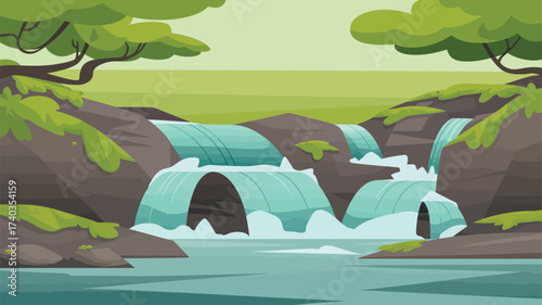 Multi-tiered waterfall in a rocky landscape with green foliage nature cascade