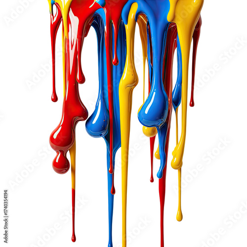 Vibrant paint drips in red, blue, and yellow, against black. Glossy textures