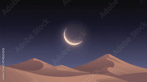 Pixel art crescent moon illuminating desert sand dunes under a dark night sky with a single star vector