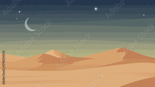 Pixel art desert landscape with crescent moon and stars in a gradient sky sand dunes