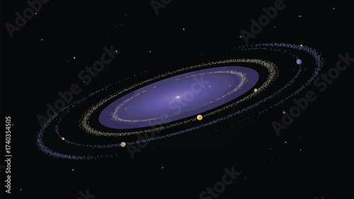 Purple and Gold Spiral Galaxy with Planets in Dark Space nebula stars