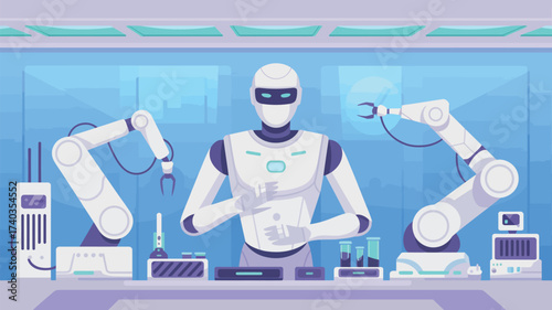 Robot in a Futuristic Laboratory with Robotic Arms and Equipment android humanoid