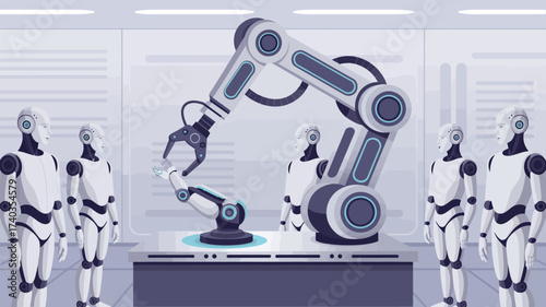Robotic arm assembling robots in a futuristic factory with humanoid robots observing assembly line automation