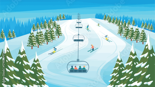 Ski resort with chairlift and skiers on snowy slopes surrounded by pine trees winter skiing