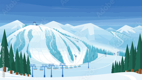 Ski Resort with Snowy Mountains, Ski Slopes and Chairlifts winter skiing