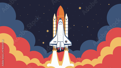 Space Shuttle Launch with Fiery Clouds and Starry Night Sky rocket liftoff