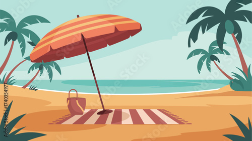 Tropical Beach Scene with Umbrella and Beach Towel sand