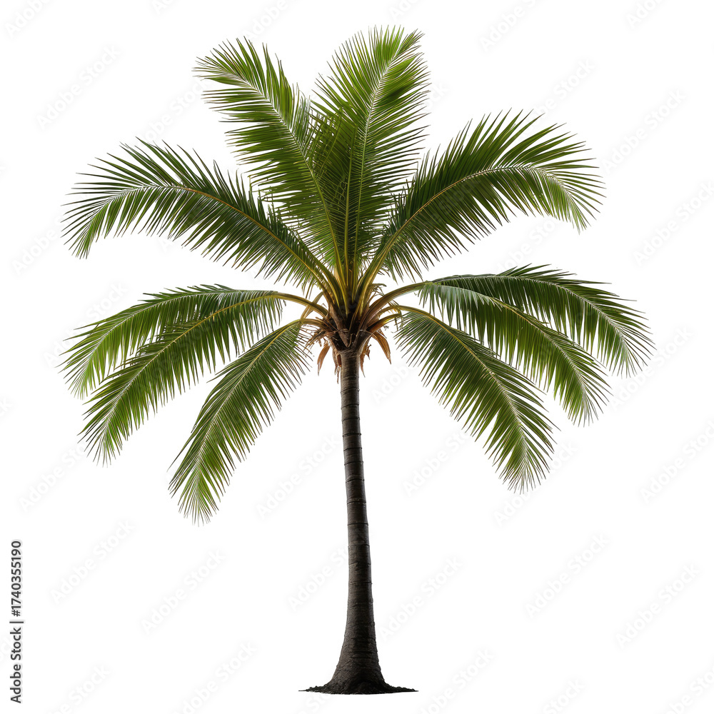 Obraz premium Isolated tropical palm tree, green leaves, black background, clean