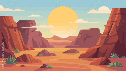 Vast Desert Canyon Landscape With Setting Sun And Clouds Keywords: desert, canyon, landscape, nature, rock, formation, sandstone, arid, dry, geology, erosion, mesa, butte, wilderness, outdoor