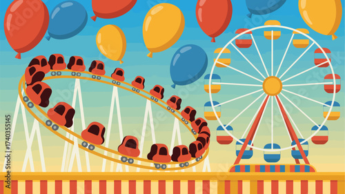 Vibrant Amusement Park Scene with Roller Coaster and Ferris Wheel fairground carnival