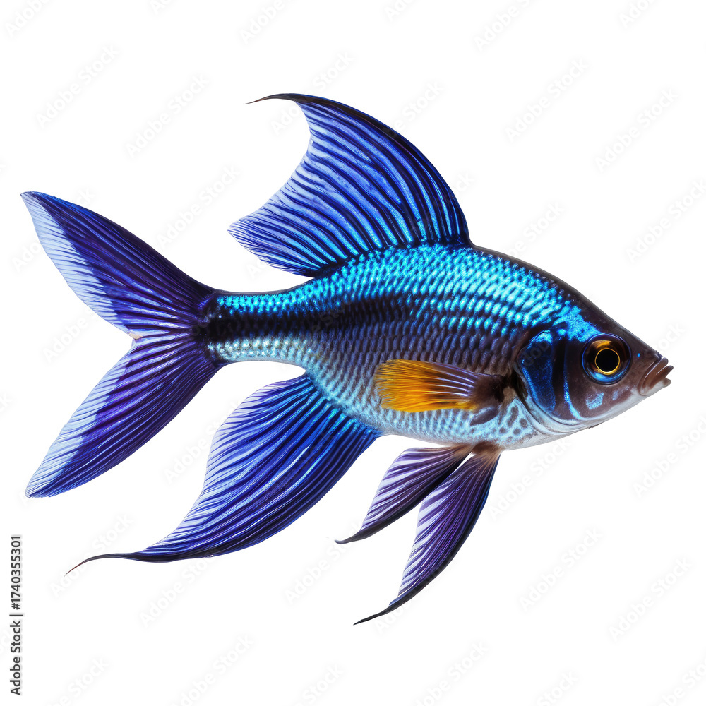 Fototapeta premium Vivid blue fish with flowing fins, detailed, isolated on black