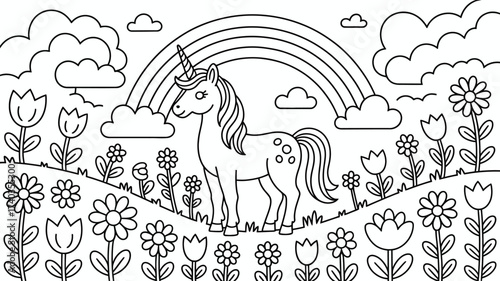 Whimsical Unicorn Standing in a Field of Flowers Under a Rainbow and Clouds Coloring Page tulips