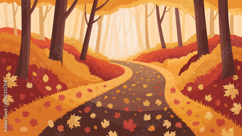 Winding Autumn Path Through a Forest with Falling Leaves road
