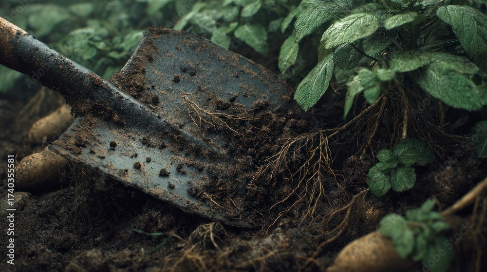 Naklejka premium Digging potatoes outdoors