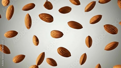 Scattered Almonds Floating Against a Neutral Gradient Backdrop with Warm Lighting and Textured Shells Creates a Sense of Weightlessness and Natural Simplicity