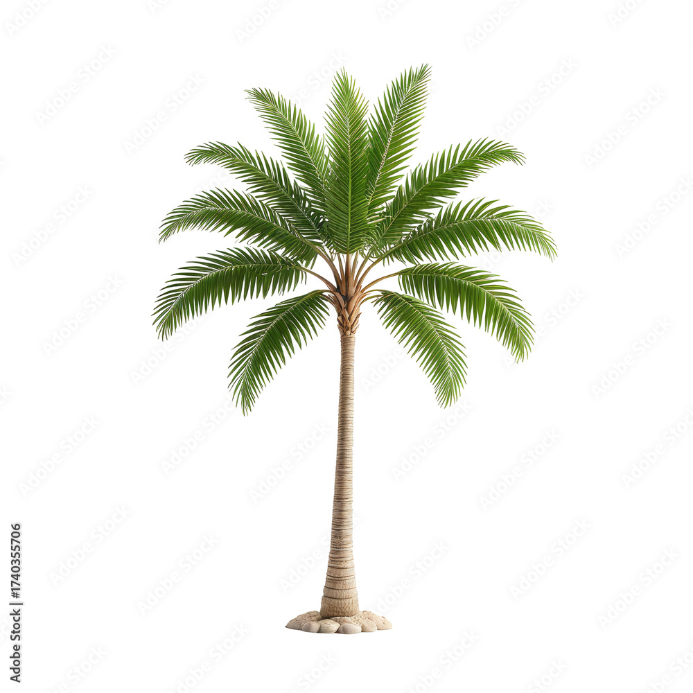 Obraz premium Isolated lush palm tree, green fronds, brown trunk, against a black background