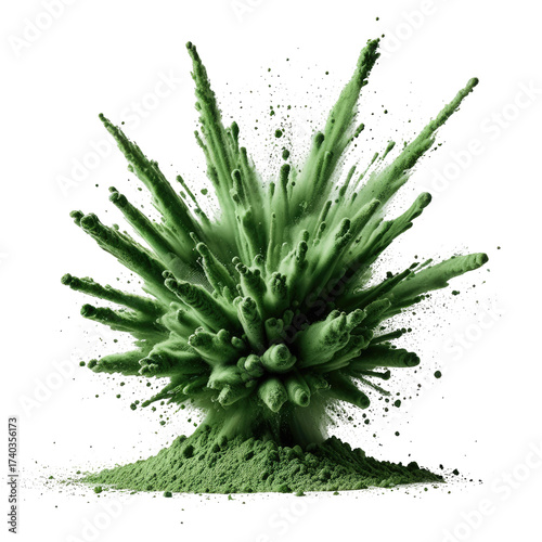 Vivid green explosion, powder particles erupting outward against black background
