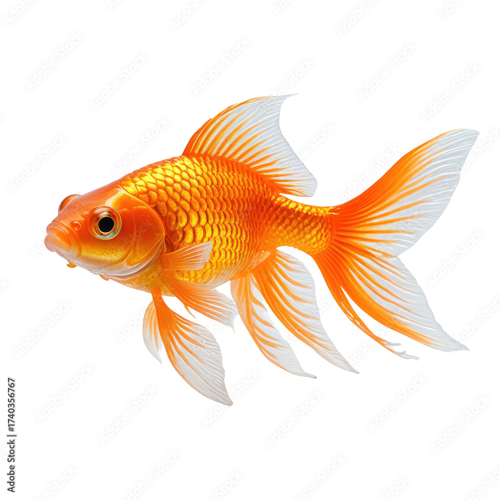 Fototapeta premium A vibrant orange goldfish with flowing fins on black background